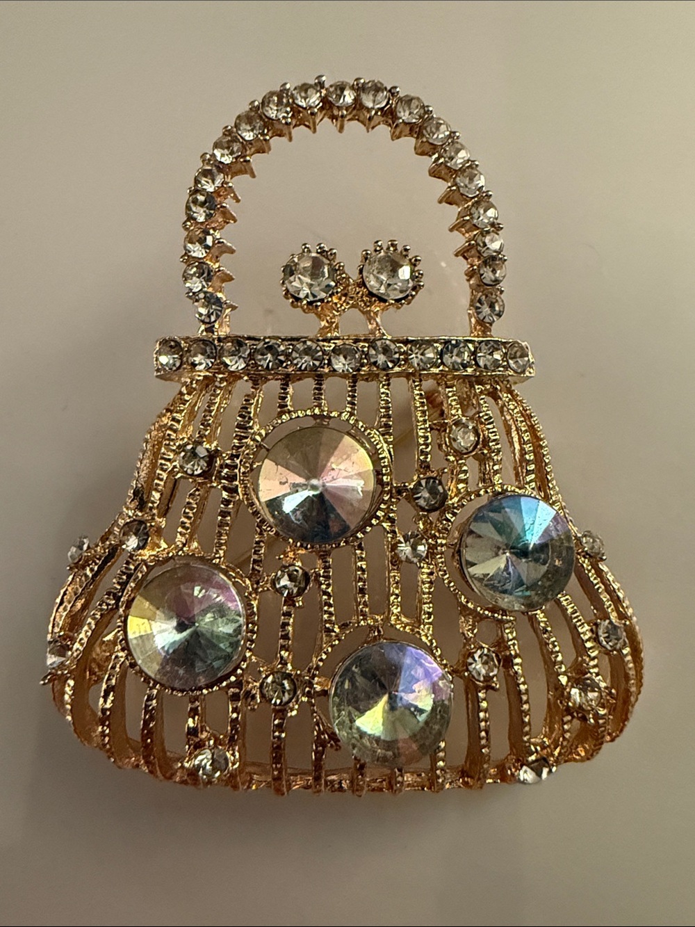 Gold-Tone Crystal Purse Brooch - Clear Rhinestone Accent